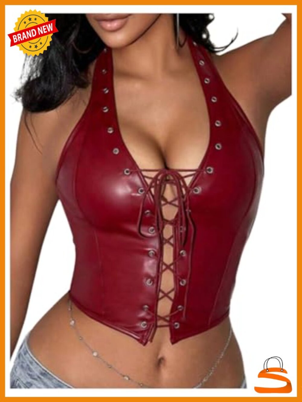 PU Leather Halter Corset Crop Top Lace Up Backless Sleeveless Party Top
